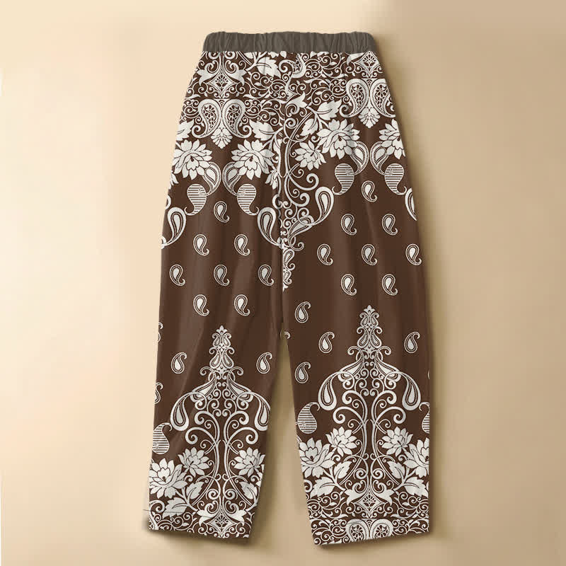 Buddha Stones Pantaloni harem da donna in puro cotone con bordo vintage, motivo paisley e fiori, bottoni a rana, vita elasticizzata e tasche. - image 1