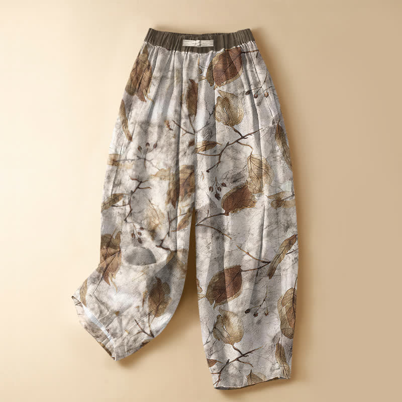 Buddha Stones Pantaloni harem da donna in puro cotone con motivo botanico a foglie autunnali, bottoni a rana e vita elasticizzata, con tasche. - Biancheria - US16, UK/AU20, EU48 (3XL) - image 0