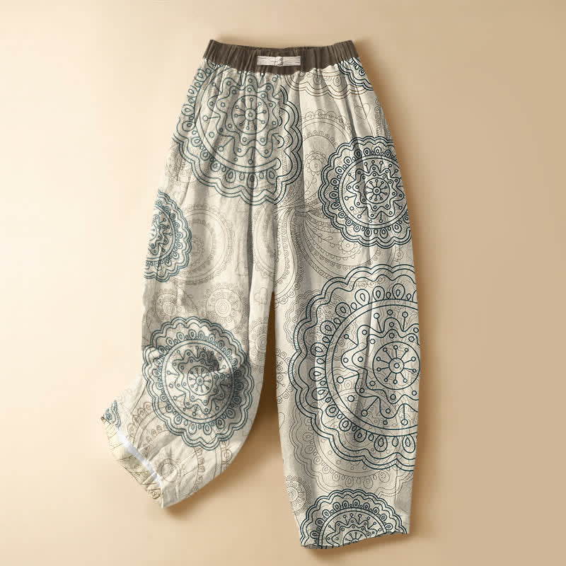 Buddha Stones Pantaloni harem da donna in puro cotone con motivo mandala boho, bottoni a rana e vita elasticizzata, con tasche. - Beige - US16, UK/AU20, EU48 (3XL) - image 0