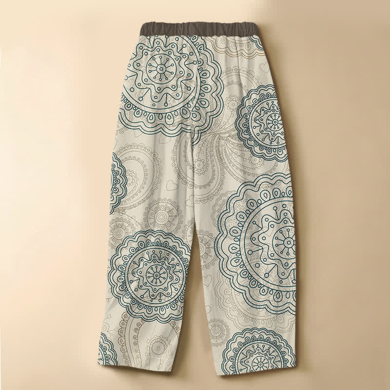 Buddha Stones Pantaloni harem da donna in puro cotone con motivo mandala boho, bottoni a rana e vita elasticizzata, con tasche. - image 1