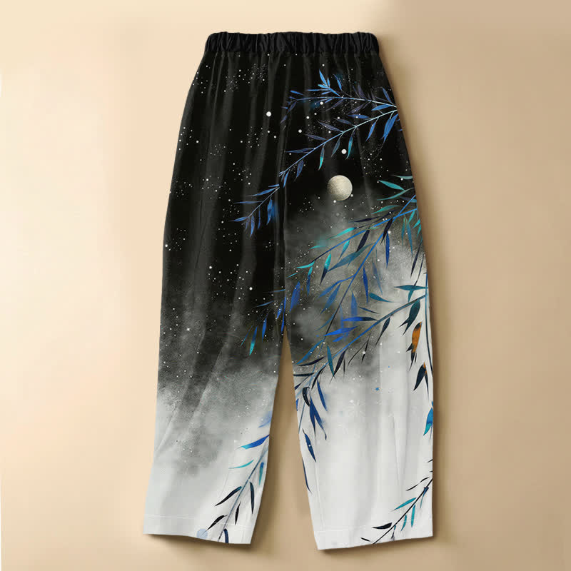 Buddha Stones Pantaloni harem da donna in puro cotone con motivo luna stellata e bambù, bottoni a rana e vita elasticizzata, con tasche. - image 1