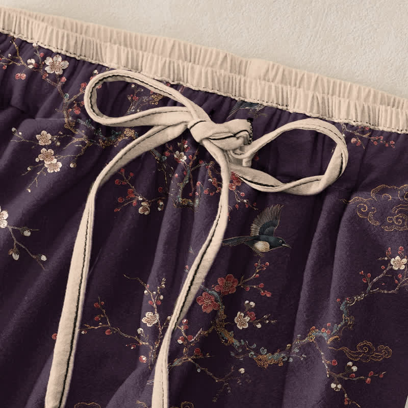 Buddha Stones Eleganti pantaloni da donna in puro cotone con elastico in vita e tasche, fantasia a fiori e uccelli. - image 1