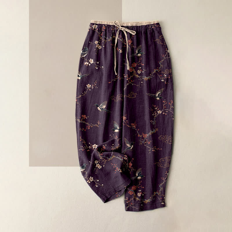 Buddha Stones Eleganti pantaloni da donna in puro cotone con elastico in vita e tasche, fantasia a fiori e uccelli. - Viola - US16, UK/AU20, EU48 (3XL) - image 0