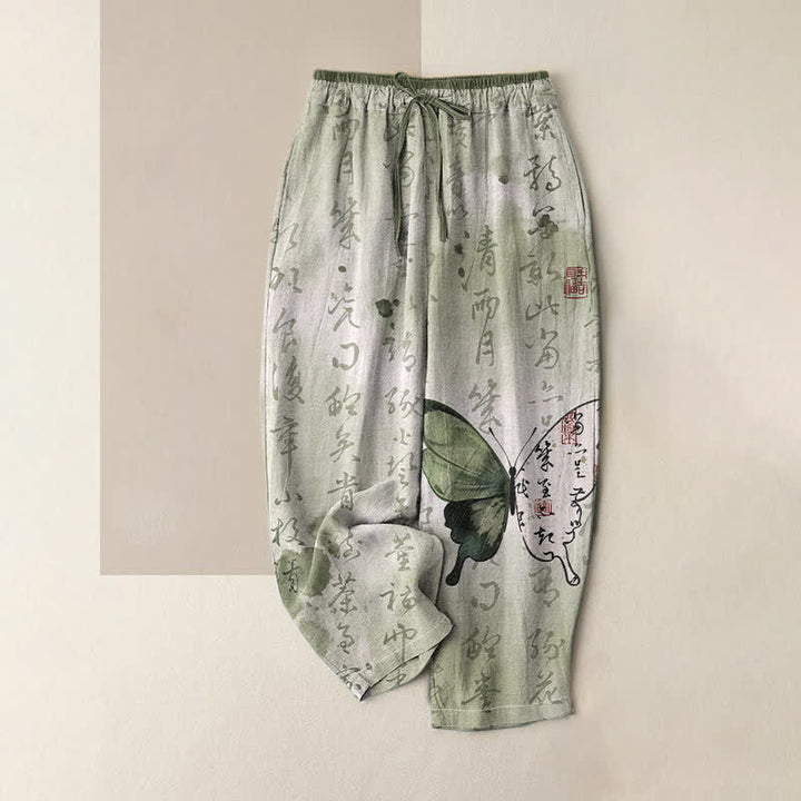 Buddha Stones Pantaloni da donna in puro cotone con elastico in vita e tasche, con stampa artistica a farfalle e scritta. - Crema alla menta - US16, UK/AU20, EU48 (3XL) - image 0