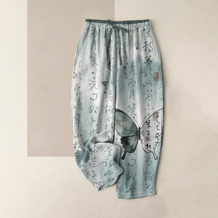Buddha Stones Pantaloni da donna in puro cotone con elastico in vita e tasche, con stampa artistica a farfalle e scritta. - Turchese pallido - US16, UK/AU20, EU48 (3XL) - image 3