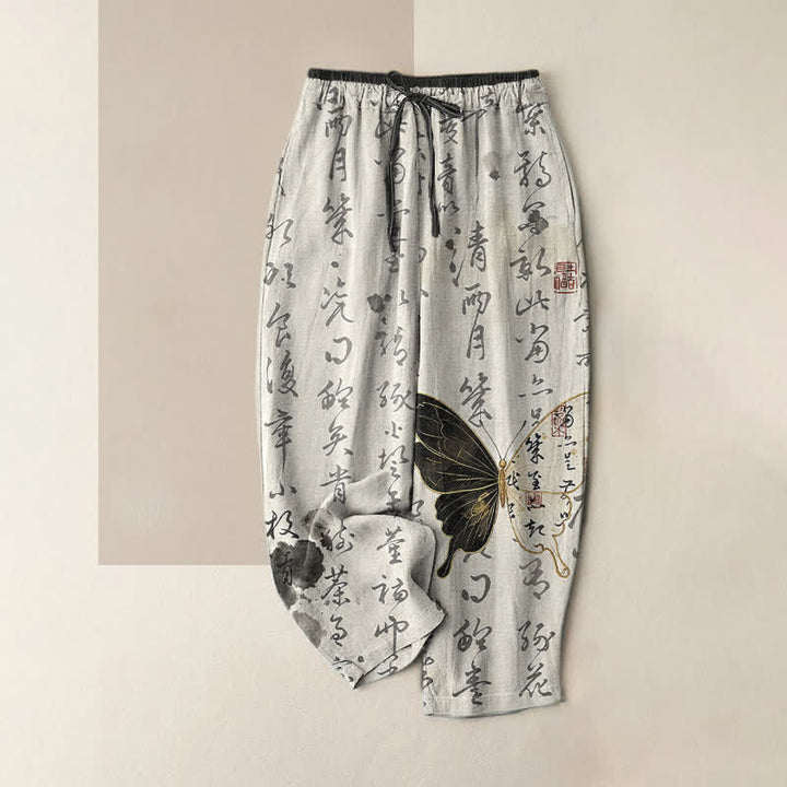 Buddha Stones Pantaloni da donna in puro cotone con elastico in vita e tasche, con stampa artistica a farfalle e scritta. - WhiteSmoke - US16, UK/AU20, EU48 (3XL) - image 4