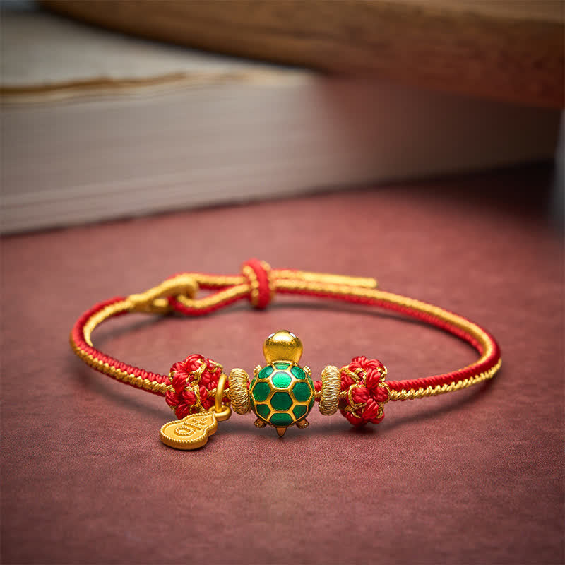 Buddha Stones Braccialetto portafortuna con tartaruga verde, zucca di rame e cordino rosso - image 3