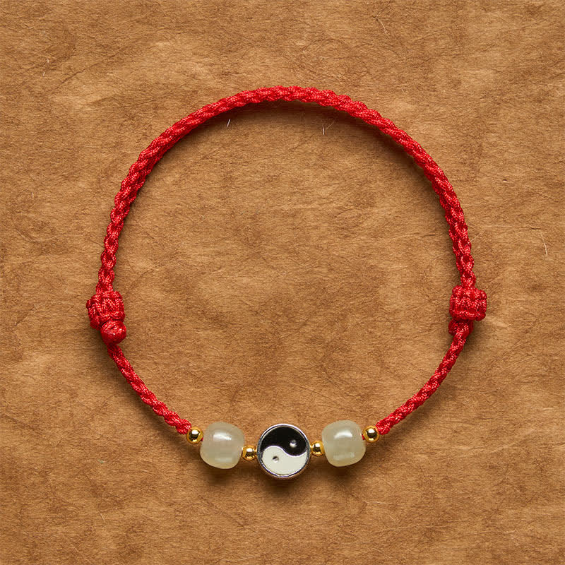 Buddha Stones Bracciale in lega con perline di giada Hetian Yin Yang e filo rosso. - Filo rosso scuro - 6,3-7,1 pollici (16-18 cm) - image 0