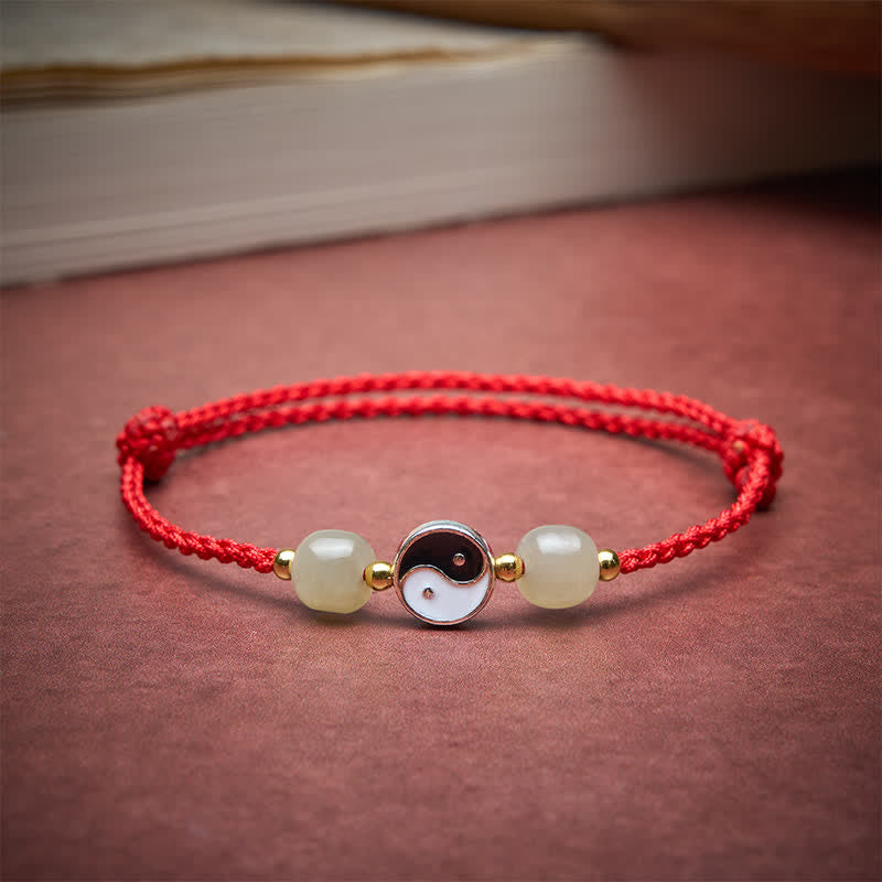 Buddha Stones Bracciale in lega con perline di giada Hetian Yin Yang e filo rosso. - image 3