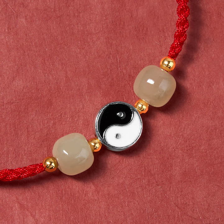 Buddha Stones Bracciale in lega con perline di giada Hetian Yin Yang e filo rosso. - image 5