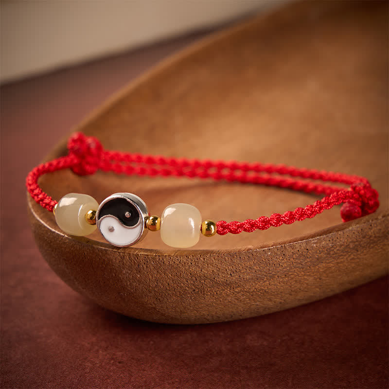 Buddha Stones Bracciale in lega con perline di giada Hetian Yin Yang e filo rosso. - image 1