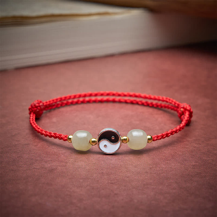 Buddha Stones Bracciale in lega con perline di giada Hetian Yin Yang e filo rosso. - image 3