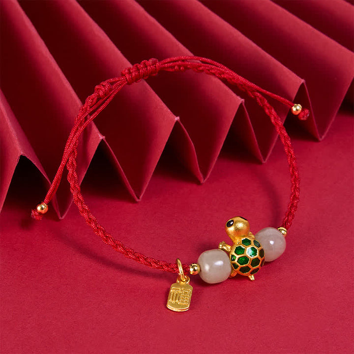 Buddha Stones Braccialetto portafortuna con scritta "Tartaruga di rame Fu" e filo rosso di giada Hetian, simbolo di prosperità. - image 2