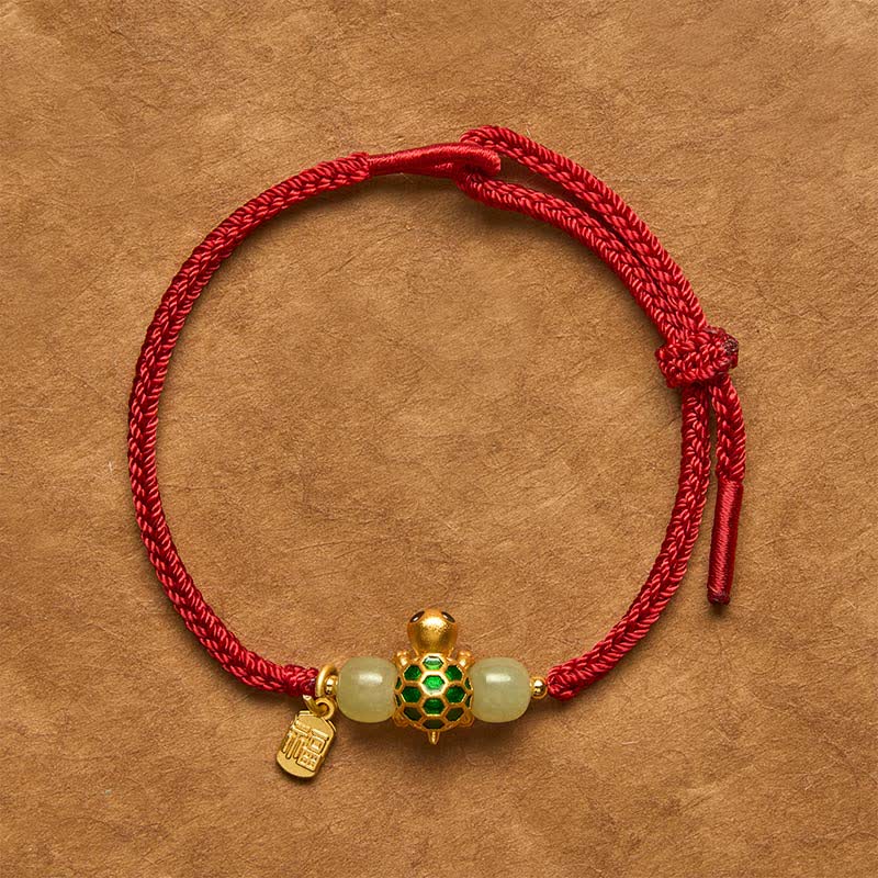 Buddha Stones Braccialetto portafortuna con cordino rosso e personaggio Fu della tartaruga di rame Hetian in giada. - Braccialetto con cordino rosso tartaruga - 5,5–7,1 pollici (14–18 cm) - image 0
