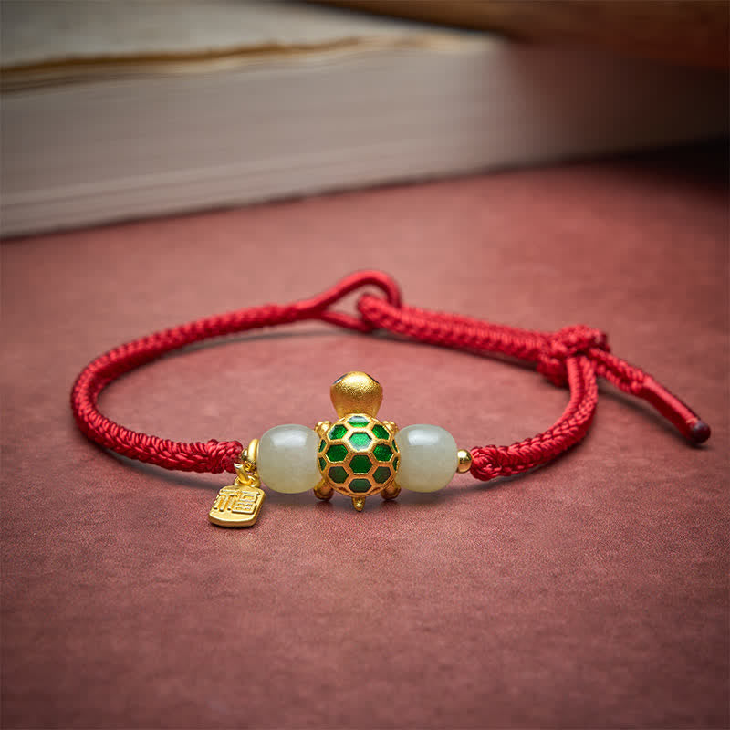 Buddha Stones Braccialetto portafortuna con cordino rosso e personaggio Fu della tartaruga di rame Hetian in giada. - image 3
