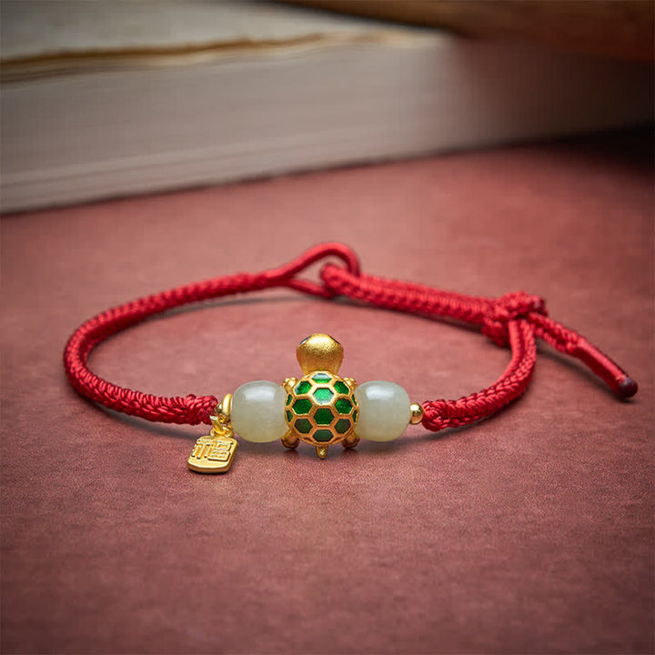 Buddha Stones Braccialetto portafortuna con cordino rosso e personaggio Fu della tartaruga di rame Hetian in giada. - image 3