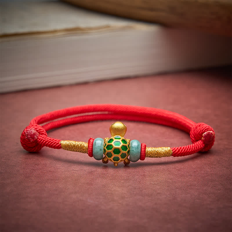 Buddha Stones Braccialetto con cordino rosso e personaggio Fu in giada e tartaruga di rame portafortuna - image 3