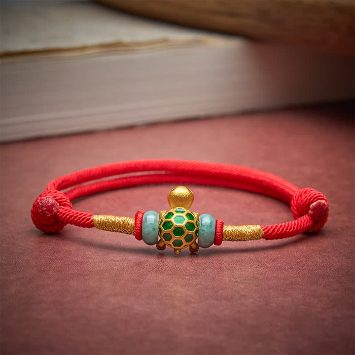Buddha Stones Braccialetto con cordino rosso e personaggio Fu in giada e tartaruga di rame portafortuna - image 3