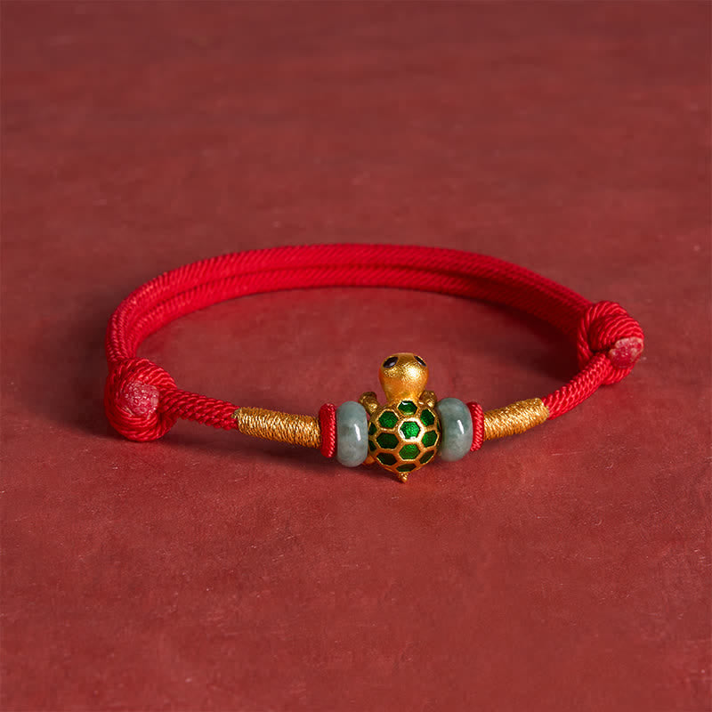 Buddha Stones Braccialetto con cordino rosso e personaggio Fu in giada e tartaruga di rame portafortuna - image 4
