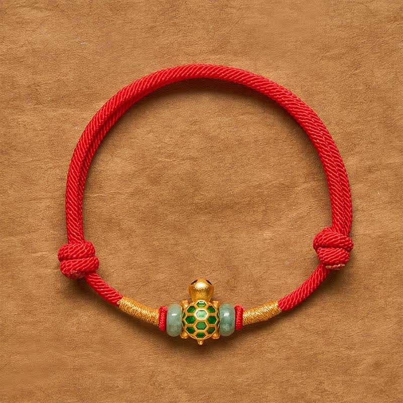 Buddha Stones Braccialetto con cordino rosso e personaggio Fu in giada e tartaruga di rame portafortuna - Braccialetto a forma di tartaruga - 6,3–7,1 pollici (16-18 cm) - image 0