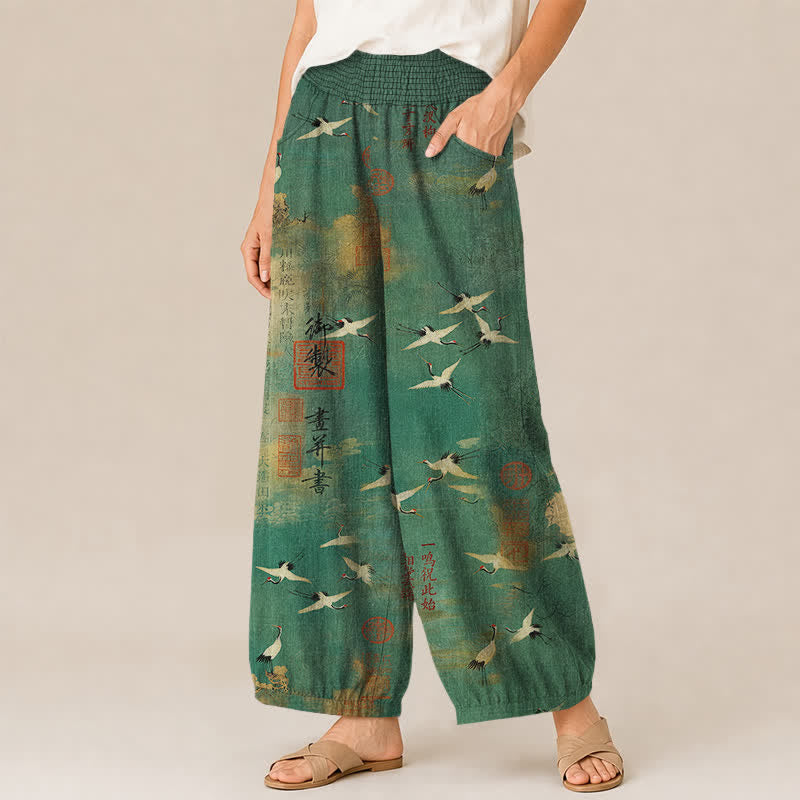 Buddha Stones Pantaloni harem da donna in cotone con motivo calligrafico di gru orientali, vita elasticizzata e pieghe, con tasche. - image 1