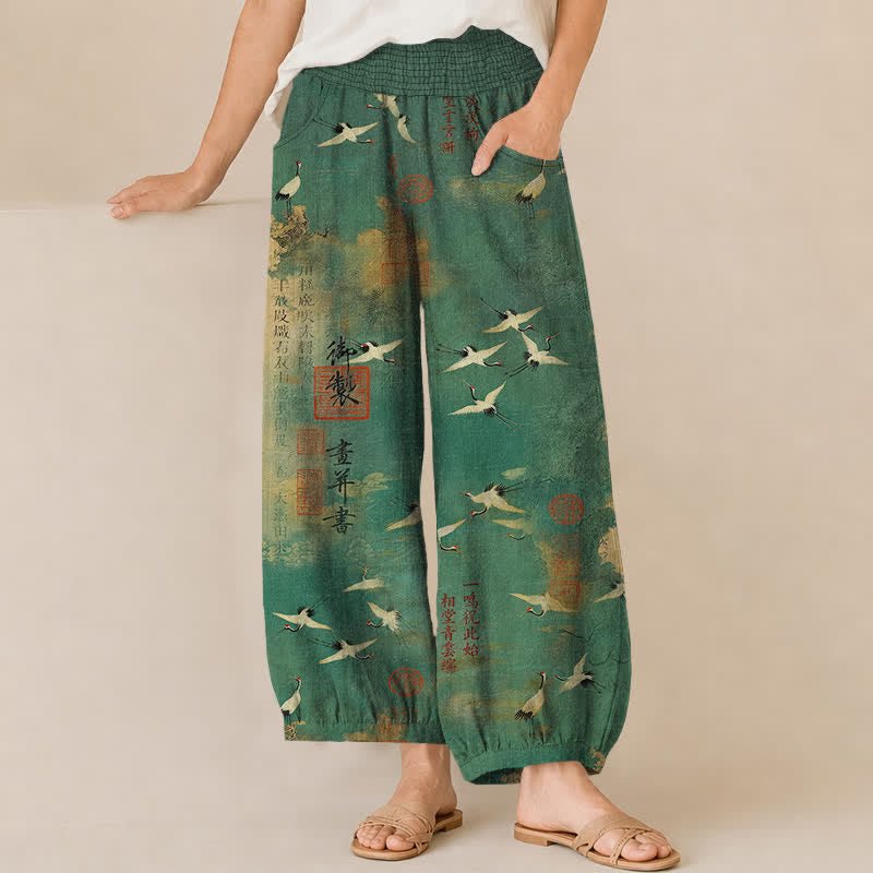 Buddha Stones Pantaloni harem da donna in cotone con motivo calligrafico di gru orientali, vita elasticizzata e pieghe, con tasche. - Verde mare - US16, UK/AU20, EU48 (3XL) - image 0