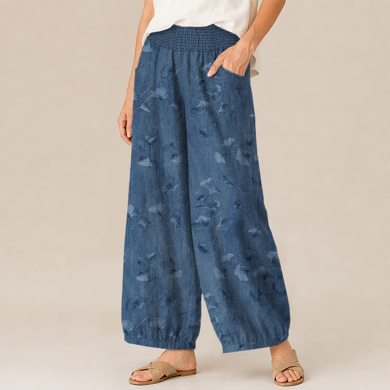 Buddha Stones Pantaloni harem da donna in cotone con motivo a foglie di ginkgo, plissettati e vita elasticizzata, con tasche. - image 1