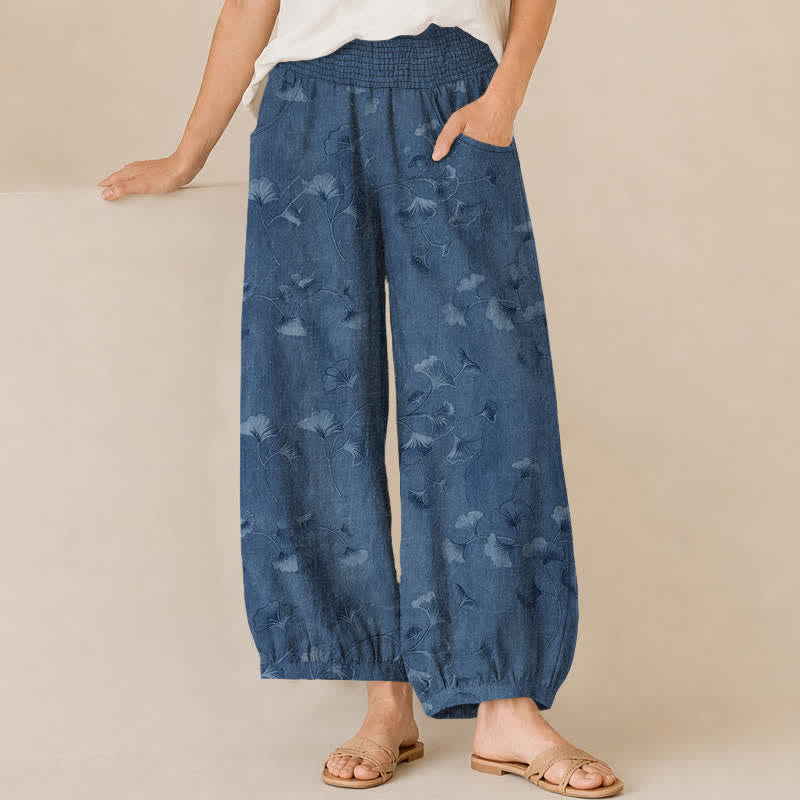 Buddha Stones Pantaloni harem da donna in cotone con motivo a foglie di ginkgo, plissettati e vita elasticizzata, con tasche. - SteelBlue - US16, UK/AU20, EU48 (3XL) - image 0