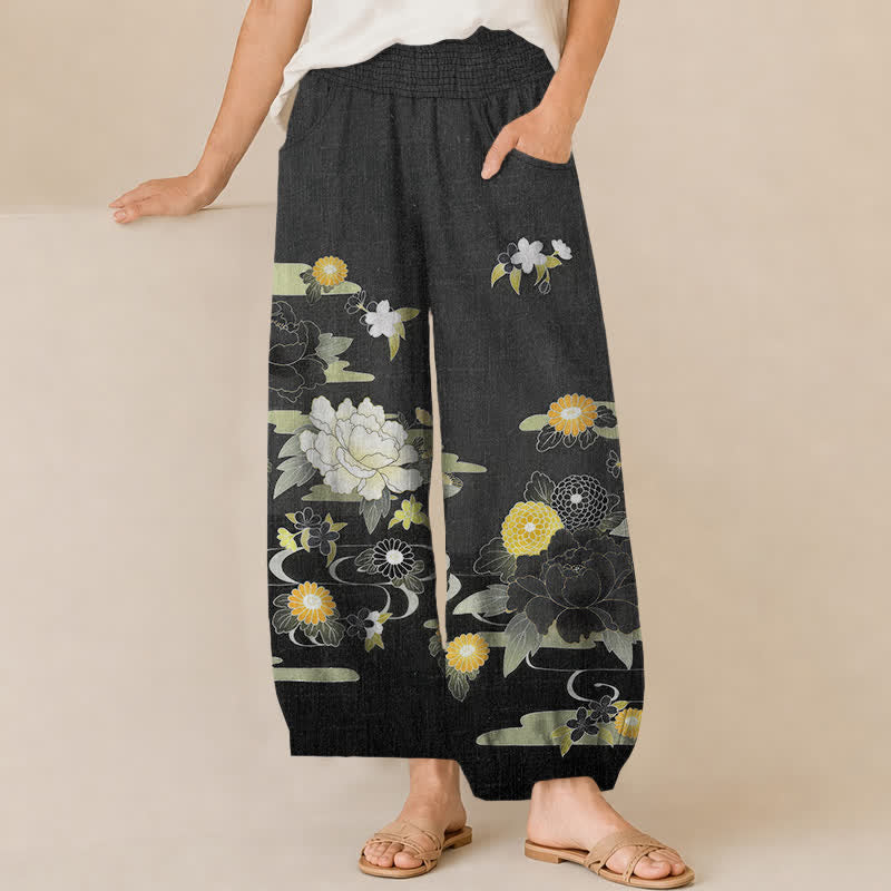 Buddha Stones Pantaloni harem da donna in cotone con motivo floreale orientale di peonie, pieghe e vita elasticizzata, con tasche. - Nero - US16, UK/AU20, EU48 (3XL) - image 0