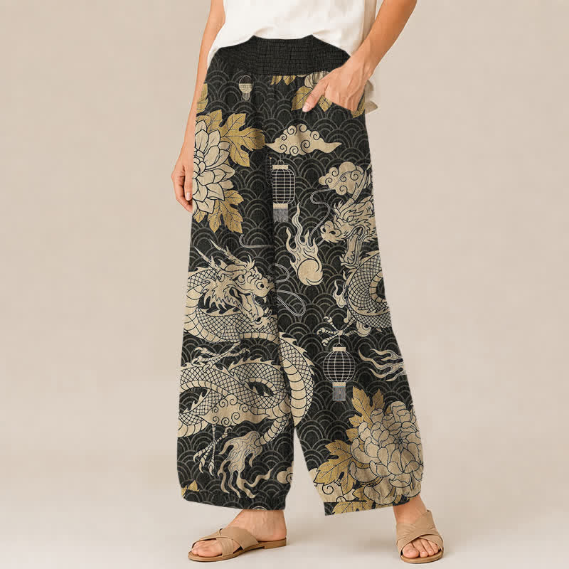 Buddha Stones Pantaloni harem da donna in cotone con motivo drago orientale, loto e nuvole, plissettati, con elastico in vita e tasche. - image 1