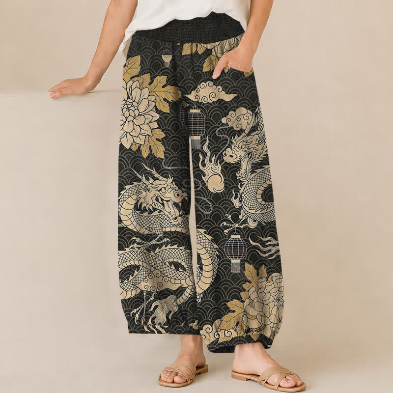 Buddha Stones Pantaloni harem da donna in cotone con motivo drago orientale, loto e nuvole, plissettati, con elastico in vita e tasche. - Nero - US16, UK/AU20, EU48 (3XL) - image 0