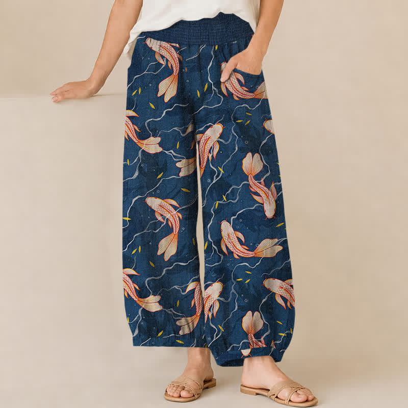 Buddha Stones Pantaloni harem da donna in cotone con motivo a onde e pesci koi, plissettati e vita elasticizzata, con tasche. - Marina - US16, UK/AU20, EU48 (3XL) - image 0