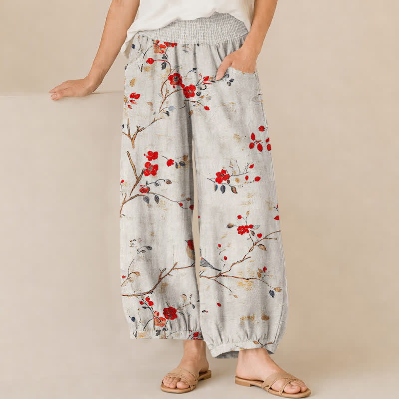Buddha Stones Pantaloni harem da donna con pieghe e vita elasticizzata, fantasia a rami di cotone con uccelli in fiore e tasche. - Biancheria - US16, UK/AU20, EU48 (3XL) - image 0
