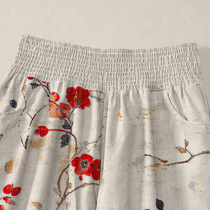 Buddha Stones Pantaloni harem da donna con pieghe e vita elasticizzata, fantasia a rami di cotone con uccelli in fiore e tasche. - image 4