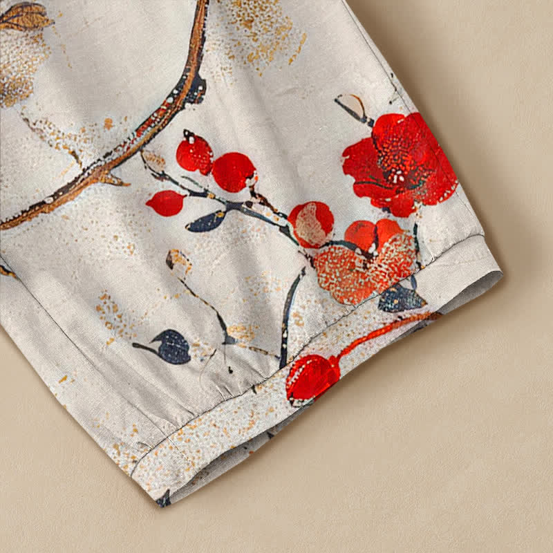 Buddha Stones Pantaloni harem da donna con pieghe e vita elasticizzata, fantasia a rami di cotone con uccelli in fiore e tasche. - image 5
