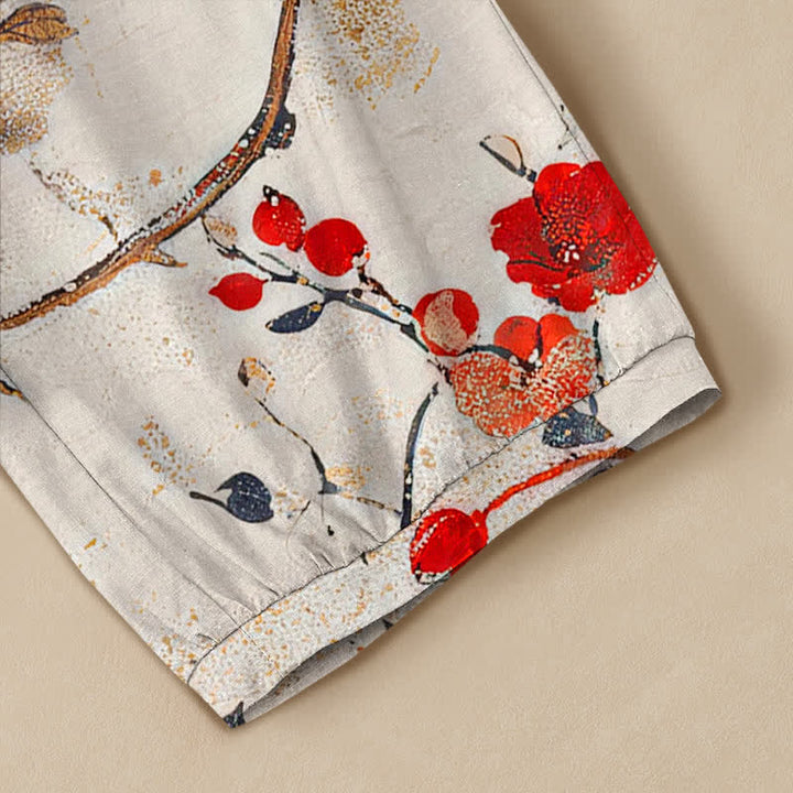 Buddha Stones Pantaloni harem da donna con pieghe e vita elasticizzata, fantasia a rami di cotone con uccelli in fiore e tasche. - image 5