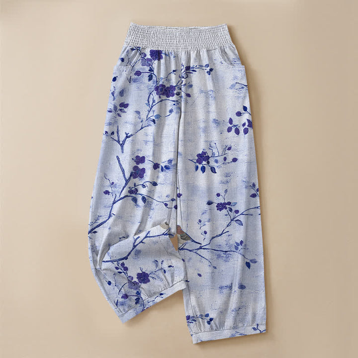 Buddha Stones Pantaloni harem da donna con pieghe e vita elasticizzata, fantasia a rami di cotone con uccelli in fiore e tasche. - image 9