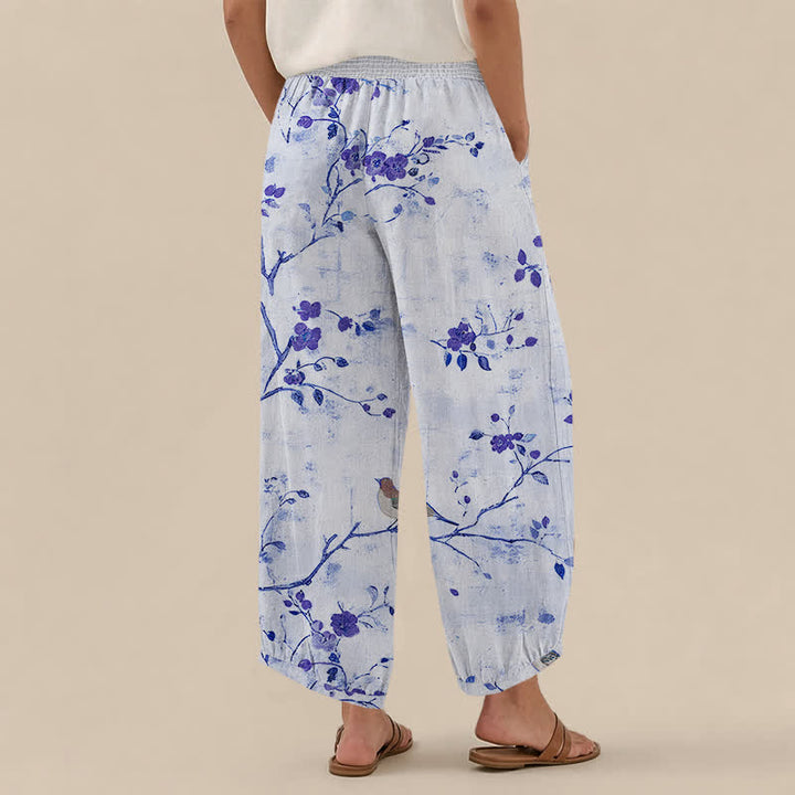 Buddha Stones Pantaloni harem da donna con pieghe e vita elasticizzata, fantasia a rami di cotone con uccelli in fiore e tasche. - image 8