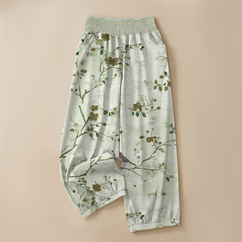 Buddha Stones Pantaloni harem da donna con pieghe e vita elasticizzata, fantasia a rami di cotone con uccelli in fiore e tasche. - image 13