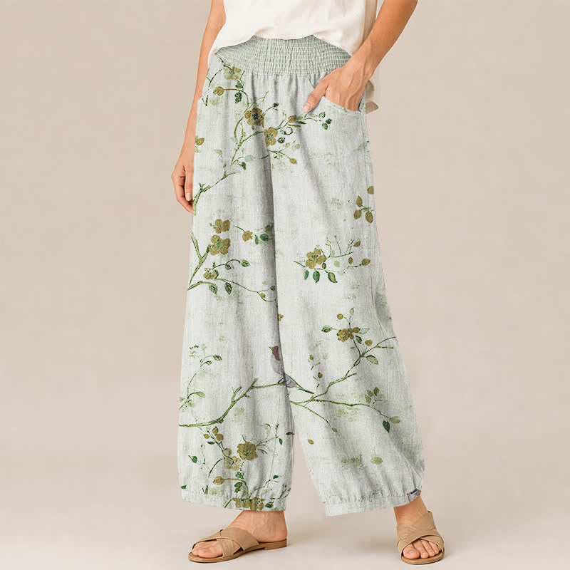 Buddha Stones Pantaloni harem da donna con pieghe e vita elasticizzata, fantasia a rami di cotone con uccelli in fiore e tasche. - image 11