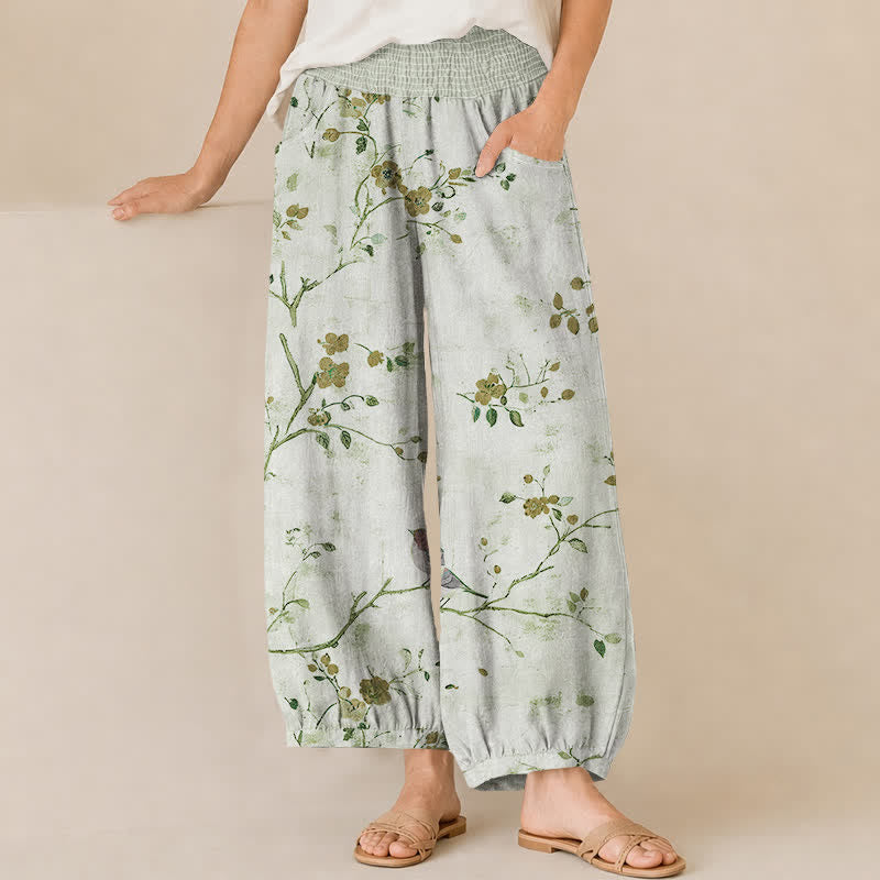 Buddha Stones Pantaloni harem da donna con pieghe e vita elasticizzata, fantasia a rami di cotone con uccelli in fiore e tasche. - Crema alla menta - US16, UK/AU20, EU48 (3XL) - image 10