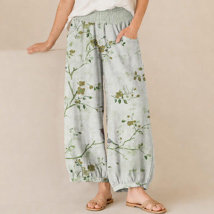Buddha Stones Pantaloni harem da donna con pieghe e vita elasticizzata, fantasia a rami di cotone con uccelli in fiore e tasche. - Crema alla menta - US16, UK/AU20, EU48 (3XL) - image 10