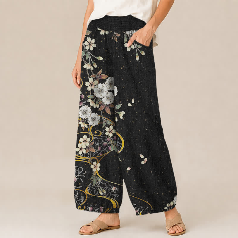 Buddha Stones Pantaloni harem da donna in cotone, asimmetrici, con motivo floreale a pieghe e vita elasticizzata, con tasche. - image 1