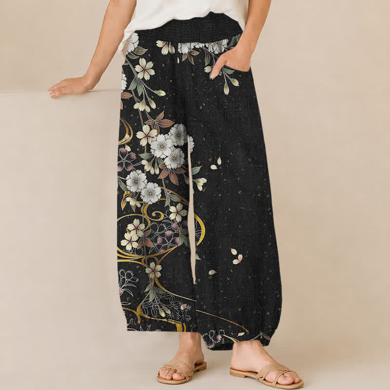 Buddha Stones Pantaloni harem da donna in cotone, asimmetrici, con motivo floreale a pieghe e vita elasticizzata, con tasche. - Nero - US16, UK/AU20, EU48 (3XL) - image 0