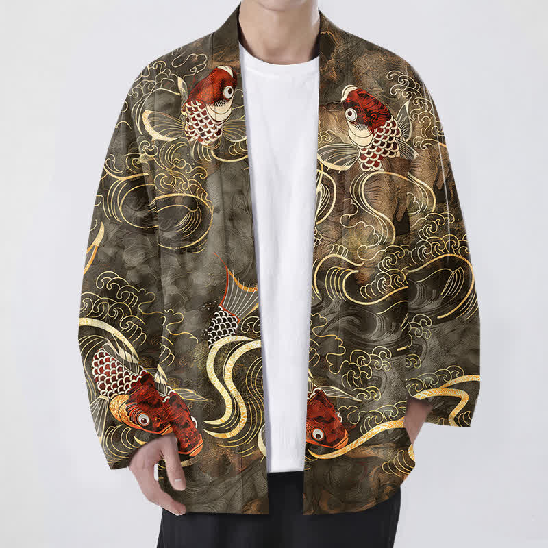 Buddha Stones Kimono da uomo in cotone rosso con motivo a carpe koi e onde dorate, aperto sul davanti. - Oliva - US/UK/AU48, EU58 (4XL) - image 0