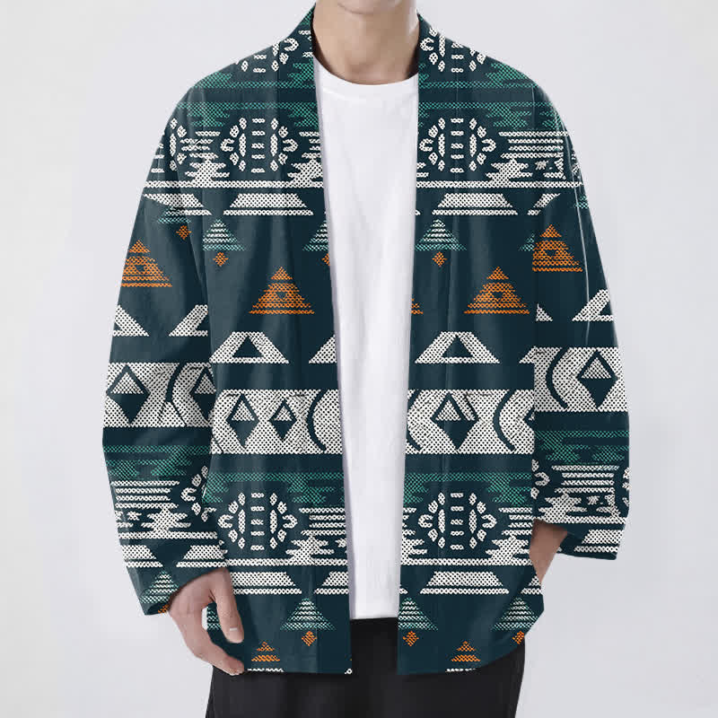 Buddha Stones Kimono da uomo in cotone color verde acqua con motivo geometrico azteco e apertura frontale. - Verde acqua - US/UK/AU48, EU58 (4XL) - image 0