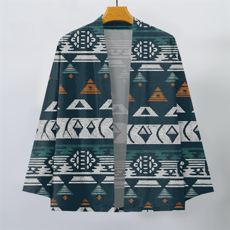 Buddha Stones Kimono da uomo in cotone color verde acqua con motivo geometrico azteco e apertura frontale. - image 1