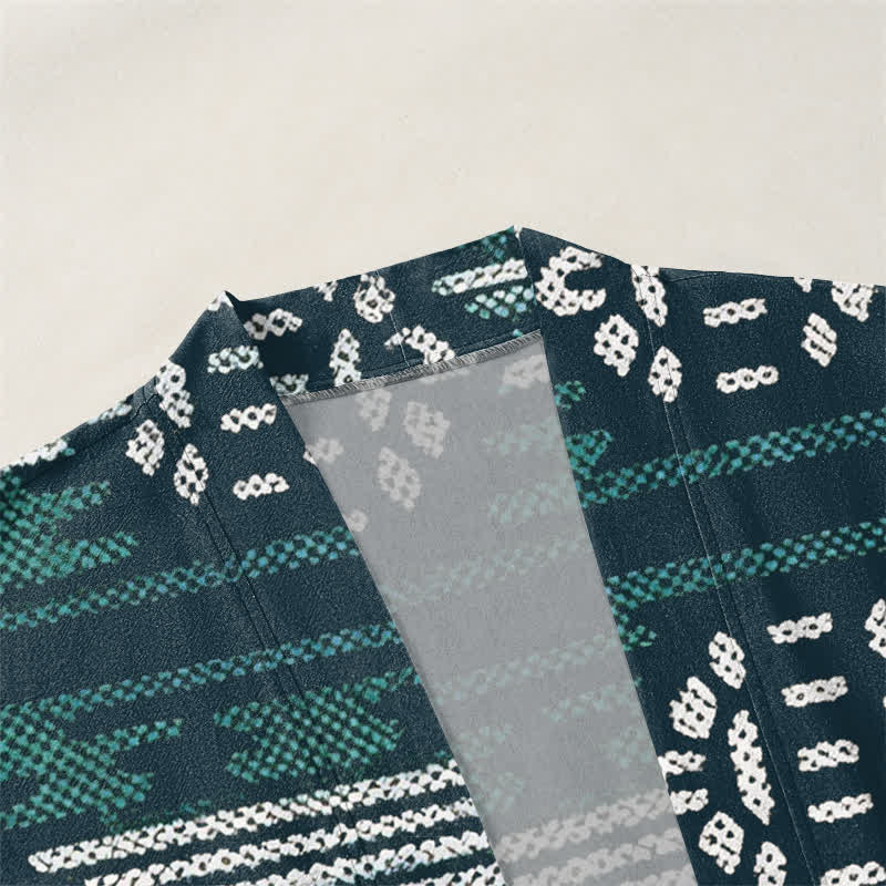 Buddha Stones Kimono da uomo in cotone color verde acqua con motivo geometrico azteco e apertura frontale. - image 3