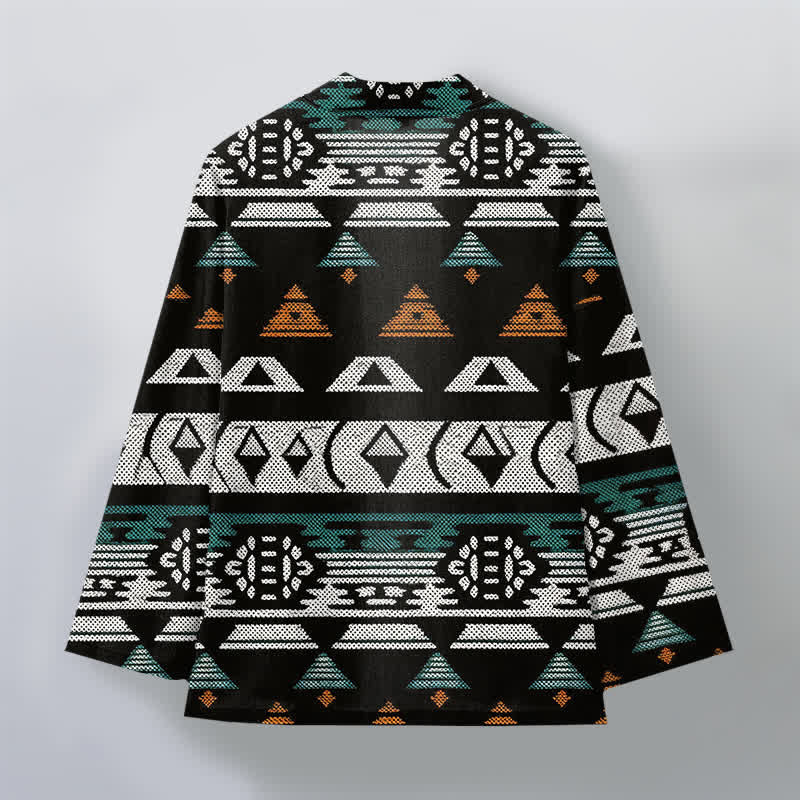 Buddha Stones Kimono da uomo in cotone color verde acqua con motivo geometrico azteco e apertura frontale. - image 8