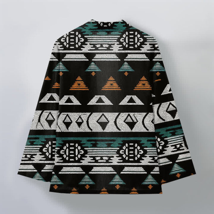 Buddha Stones Kimono da uomo in cotone color verde acqua con motivo geometrico azteco e apertura frontale. - image 8